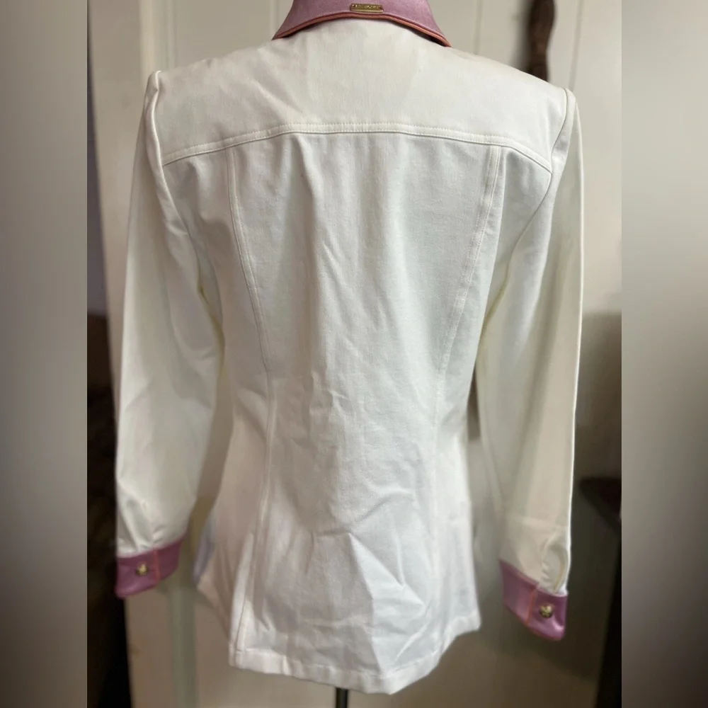 St. John Sport By Marie Gray White Jacket Coat Blazer Pink Trim Gold Buttons MED